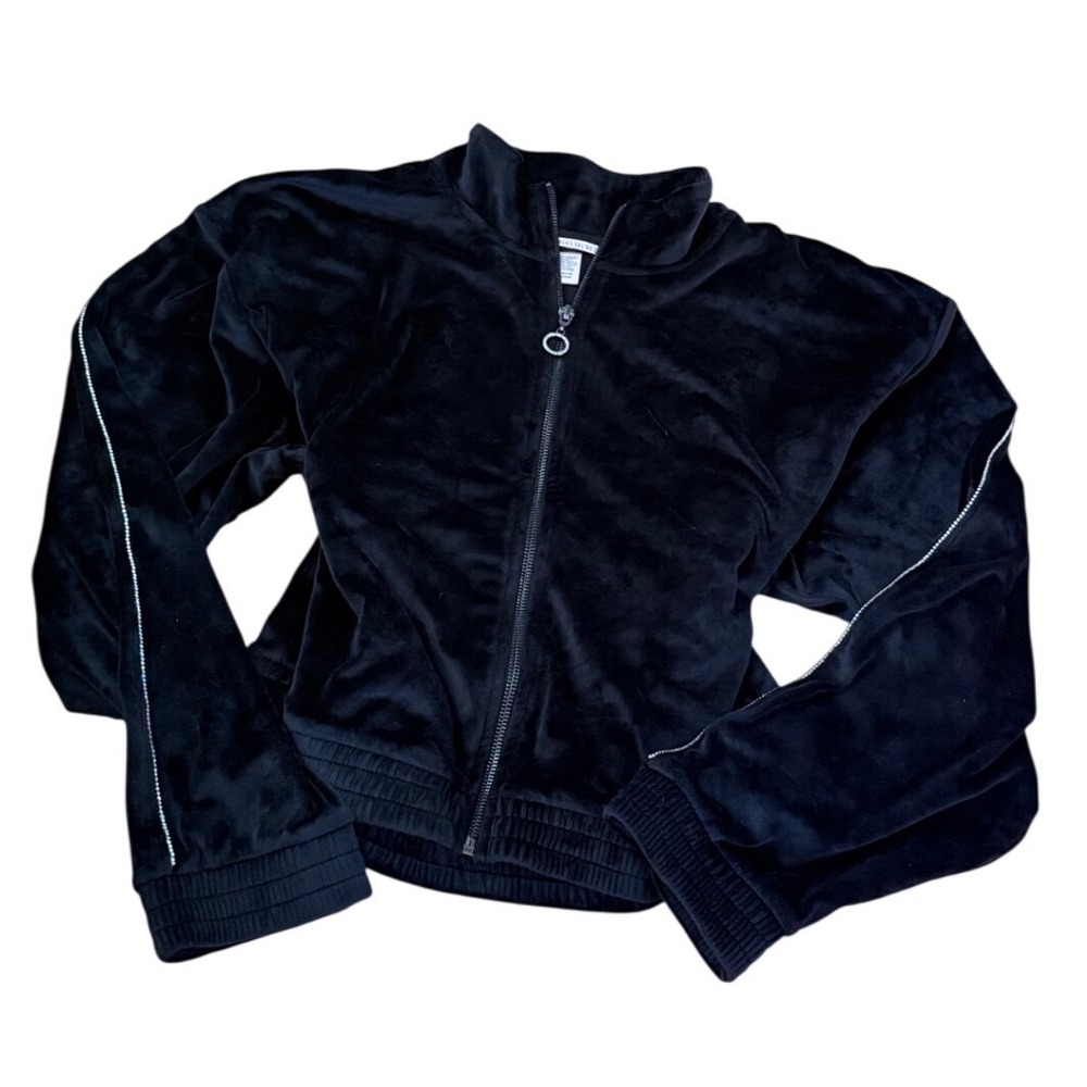 Y2K 2000s style Victoria's Secret Black Velour Rhinestone Zip Up Track Jacket